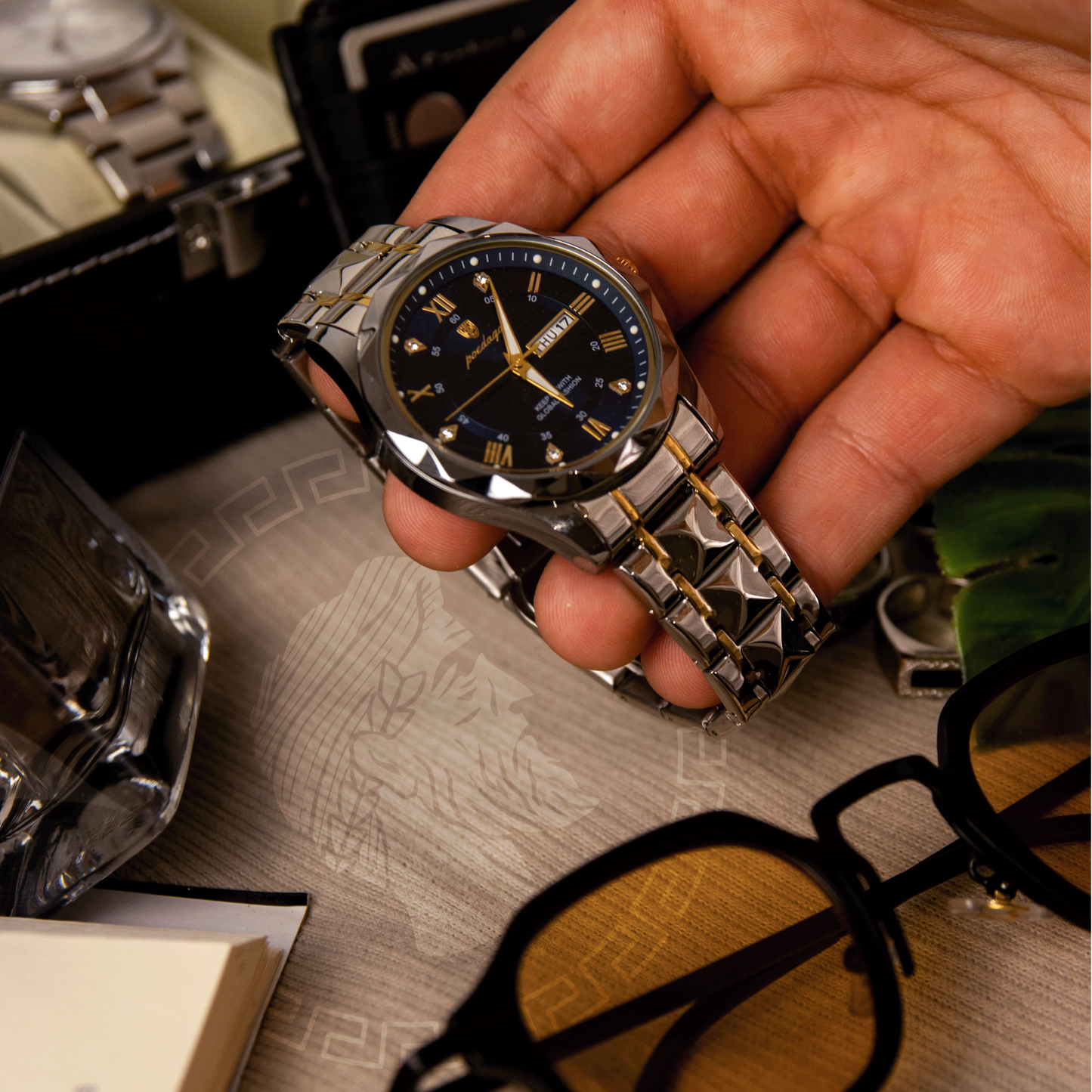 POEDAGAR Luminous Steel 40mm Watch - Resistente all'acqua | Acciaio trasferito